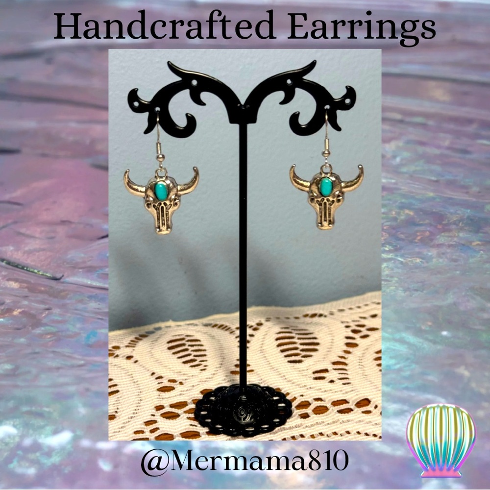 Handcrafted Bull Skull Earrings with Turquoise Accent